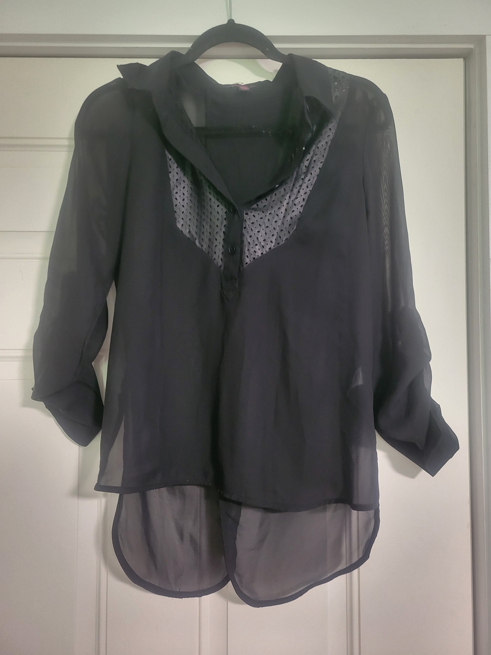 Material Girl Sheer Black Button-Front Blouse with Mesh Yoke